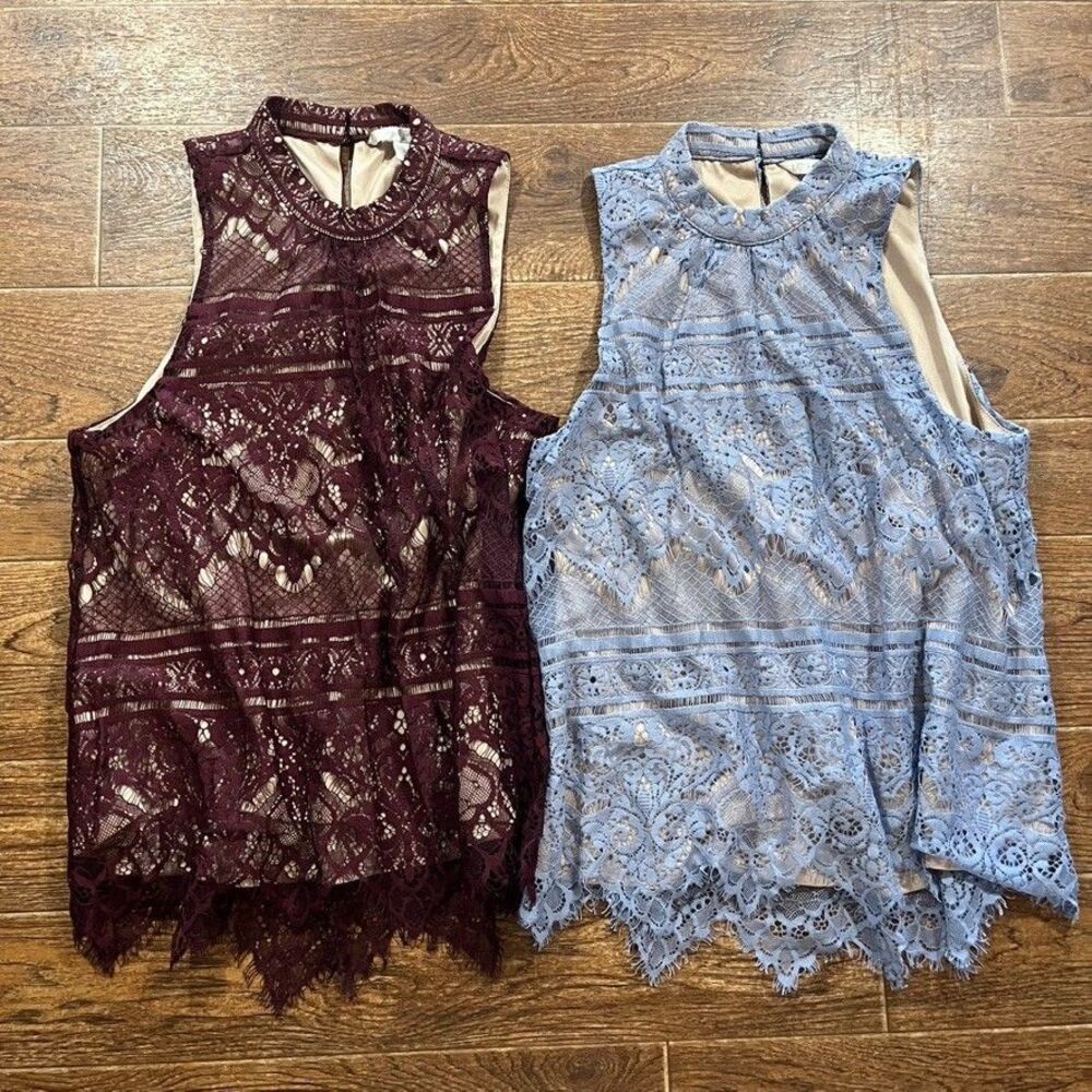 Lauren Conrad Eyelash Lace Tops Medium Burgundy Blue High Neck Romantic - Picture 1 of 11